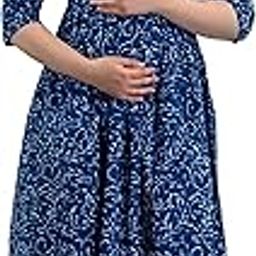 Women's Cotton A-Line Blue Jall Maternity Dress Pregnancy Casual 3/4 Sleeve Dual Zipped for Feeding Nursing Maternity Comfort Dress Kurta-image-72
