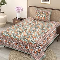 elanorhomes Fulwari Garden Single Bedsheet - Ultra Soft Pure Cotton | Traditional Indian Print | Premium 240 TC 60x90 inches | 1 Matching Pillow Cover-image-11