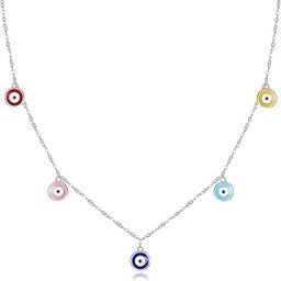 Sterling Silver Chain Blue Turkish Eye Necklace Multicolor Eye Necklace with Greek Evil Look Lucky Charm Protective Jewelry for Women, Silver-image-70