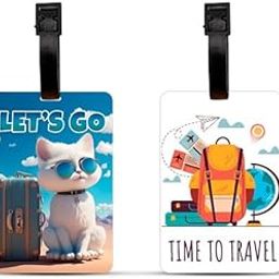 Ultra Premium & Colorful 3D Luggage Tags for Suitcases & School Bags, Set of 2 | Let's Go CAT + Time to Travel Theme | Waterproof | Adjustable | Airline Approved | Ideal Gift | Birthday | Anniversary-image-10