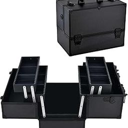 LACOPINE Makeup Train Case Professional Adjustable - 4 Trays Cosmetic Cases Makeup Storage Organizer Box with Lock and Compartments (DESIGN2-BLACK)-picture-4