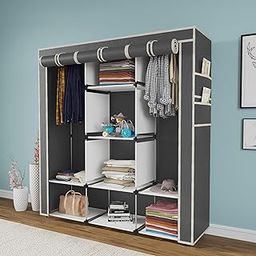 Collapsible Wardrobe Portable and Foldable Clothes Almira, 2 Hanging Space, 8 Shelves (Non-Woven Fabric, 112 x 38 x 145cm) (Grey, 88230)-15