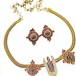 Traditional Indian Jewellery Set with Gold-Plated Necklace and Earrings, Ruby Pink and Green Stone Design, Antique Finish-15