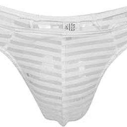 Men's Sheer Mesh Striped Pouch Thong Brief T-Back Underwear XL White-picture-21