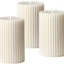 Luces White Soy Wax Pillar Candle Set Of 3 Pcs Ribbed Vanilla Scented Pillar Candles For Home Decor Diwali Wedding Valentine Church X-Mass Spa Dinner Table-2