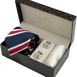 Navy Blue & Maroon Stripe Necktie with White Grid Cufflinks & Pocket Square Combo For Men-image-32