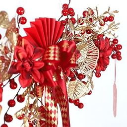 MERISHOPP Chinese New Year Decoration Window Fortune Cat Wreath for Holiday Home Decor Red| Artificial Flower Bouquet | Floral Décor for Home-image-6