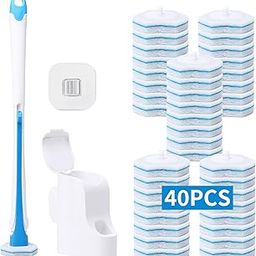 DALIPER Disposable Toilet Brush with 40PCS Refills, Wall Mounted Compact Bathroom Bowl Wand Cleaning System Long Handle with Storage Caddy-image-4