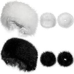 2 Pieces Faux Fur Headband with Elastic Winter Earwarmer Earmuff Winter Women Headband Faux Fur Wrist Cuffs Women Fox Furry Bands Arm Warmer Hat Ski (Black White)-image-66