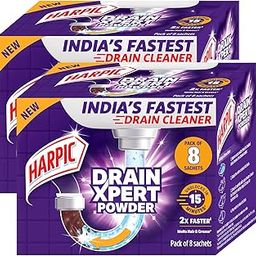 Harpic DrainXpert Drain Cleaner Powder Sachets (Pack of 8 x 2) | Removes Blockages in Pipes, Sinks & Septic Tanks| Works within 15 minutes | Melts Grease & Dissolves Hair | India's Fastest drain cleaner-23