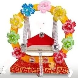 2no Decorative Handmade Jhula Swing for Krishna Janmashtmi with Colorful Floral Design, Crystal Beads, 13 cm Platform, Red Base.for 0-2 no Krishna kahaniya Balgopal Nand ka lal.-image-0