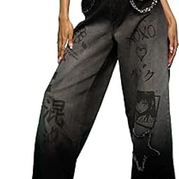 the souled store Baggy Denim: Cosmic Queen Women and Girls Buttoned Grey Print and Embellished Cotton Baggy Fit Jeans-picture-0