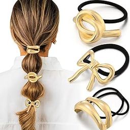 Metallic Hair Ties with Geometric Cuffs, Gold Ponytail Holders, Pack of 3 Elastic Bands-32