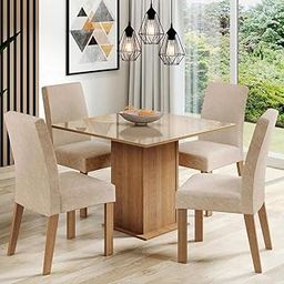 Madesa 4 Seater Dining Set Square Glass Table Top Sturdy Wooden with Cushioned Seats 90 Cm for Dining Room and Kitchen - Brown/Beige-25