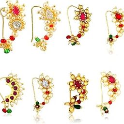 Maharashtrian Traditional Pearl Temple Jewellery marathi Banu Nathiya Nose pin Nath Nose Ring for Wedding Women Girls Combo Gold Press pin Non pierced (8 pcs) -NATH COMBO-S150-image-27