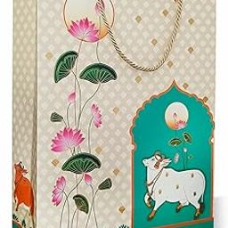 VESTTA -ELEGANCE REDEFINED Gifts Bags Large 10 x 4 x 14" (Inches), Vertical, Pichwai Design, Gloss Lamination, Gold Foiling, Pack of 10, For All Occasions with Gift Tags. (10)-image-17