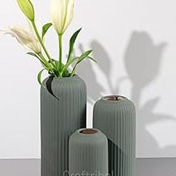 Craftribal's Modern Ceramic Flower Vase for Living Room, Set of 3 Flower Pots for Home Decoration, Vertical Striped Line Vase Olive Green-image-55