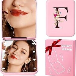 KEWWADB Travel Mirror with Lights, Initials Portable Compact Mirror, Travel Essentials, Suitable for Teen Girls, Young Women Gifts Ideas, Birthdays Gifts(Pink) (F)-28