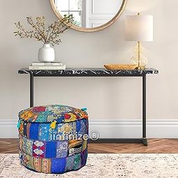 iinfinize 18 Inch Patchwork Ottoman Pouf Cover Ethnic Hand Embroidery Blue Foot Stools Bedroom Khambadaiya Bean Bag Pouf Cover Eco-Friendly Throw Vintage Seating Pouffe Cover-21