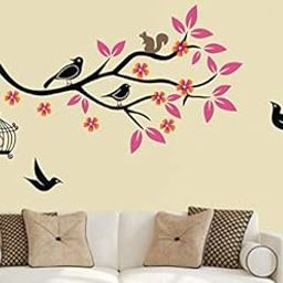 Heaven Decors Birds On Tree Branch with Pink Leaves and Birdcage Wall Sticker for Bedroom (Ideal Size on Wall: 120 cm x 65 cm),Multicolour-image-63
