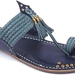 Men's Exclusive Wedding Kolhapuri Chappal Hand Crafted Six Braided Leather Golden Rivets on Dark Blue Base and Sky Blue Upper Designed Smooth and Comfortable Anti Slip Slipppers-image-20