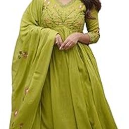 Women's Cotton Embroidered Long Anarkali Kurti with Pant and Dupatta Set (Mehendi Green-M)-picture-9