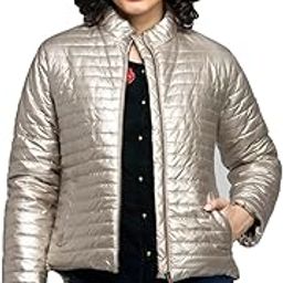 High Neck Pale Gold Solid Long Sleeves Puffer Jackets For Women-image-69
