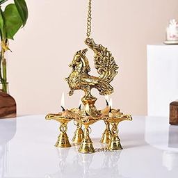 Ascension Antique Peacock Diya with Bells & Chain for Home, Temple Metal Hanging Diya for Diwali, Pooja Room , Home Decoration-image-89