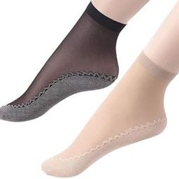 Women’s & Girl's Nylon Ankle Length Socks Thin Transparent without Thumb Free Size Black-Beige Pack of 2 Pairs-picture-42