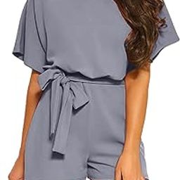 Short Sleeve Belted Romper, Cute High Waist High Waist Jumpsuit Round Neck Pure Color for Women for Summer-image-51