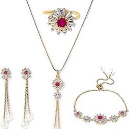 Jewellery Set Gold Plated American Diamond Ruby Colored Necklace Set with Earring, Ring and Bracelet Jewellery For Women and Girls-9
