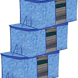 Kuber Industries Underbed Storage Bag | Clothes Storage Bag | Blanket Cover with Clear Window | Zipper Closure & Handle Cloth Organizer | Lahariya-Design | Large | Pack of 3 | Blue-6