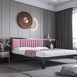 SABTA Craft Modern Upholstered King Size Bed for Bedroom | Metal Double Bed | Platform Cot Bed with Upholstery Premium Fabric | 6.5 x 6 Ft | Powder Coated Metal Bed | (Flamingo)-image-57