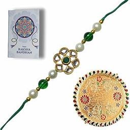 Elegant Green Kundan Rakhi Combo for Brother with Decorative Pooja Thali, Roli Chawal & Raksha Bandhan Greeting Card | Premium Rakhi Gift Hamper for Bhai-image-29