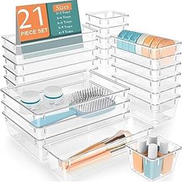 MECHDEL Drawer Organizer Set/Bathroom and Dressing Table Trays/Cosmetic Display/Bathroom Cosmetic Organizers/Unbreakable Drawer Organizer/Drawer Divider Tray (Transparent, 21PCS Set)-image-1