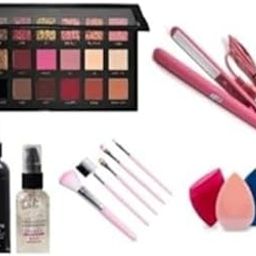 JustTya Multicolour Rosegold Eyeshadow Palette Makeup Kit Set And 5 Pink Makeup Brushes Set,1 Matte Fixer,1 Makeup Base Primer,1 Straightener with 3 Multicolor Beauty Blenders - (Pack of 12)-14