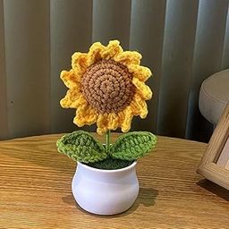 HASTHIP� Desk Decor Small Sunflower Flower Pot Handmade Crochet Sunflower Desk Decor Office Desk Decoration Book Shelf Decoration Car Interior Decoration Home Decor, 8x14cm-image-13