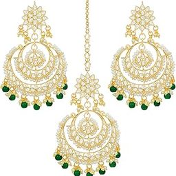 Traditional Jewellery Rhodium Kundan & Pearl Maang Tikka Earring Set for Women Girls-55