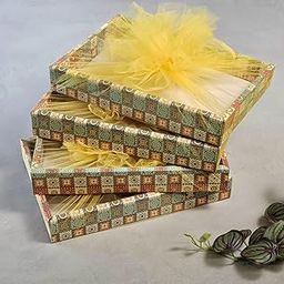 3 Pcs Multipurpose Decorative Folding Gift Box | Folding Paper Hamper Boxes for Return Gifts, Sweets, DIY Craft | Rectangular Cardboard Tray with Net (Pack of 3)-88