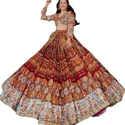 Maroon print mirror work lehenga chaniya choli-image-1
