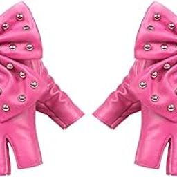 Women PU Leather Fingerless Gloves Punk Rivets Gloves for Cosplay Dancing Pink-image-5