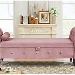 MHSWOODPOINT 63" Velvet Multifunctional Storage Rectangular Ottoman Bench Comes with Crystal Buckle Solid Wood Legs with 1 Pillow,Beige (Pink)-image-34