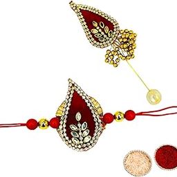 Buyent ® elegent pearl beaded flower bracelet for men stylish traditional raksha bandhan rakhi for bhai with lapel pin for men suit roli chawal pack-15