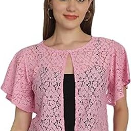 Women Front Open Self Designed Flared Sleeves Lace Shrug (Light Pink, M)-image-5
