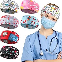 6 Pieces Button Headbands Non Slip Nurse Headbands Stretchy Headwraps Nonslip Yoga Sweatbands with Ear Protection Holder Elastic Headscarves for Yoga, Running, and Exercise, 6 Styles (Cute Pattern)-image-13