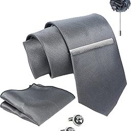 Tie for Men – Paisley Silk Neck Ties Set with Cufflinks Flower Pin, Pocket Square & Black Gift Box, Combo Necktie Sets for Office Wear, Formal Suits (Metallic Silver, NXPLX_231)-image-98