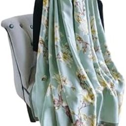Floral Print polyester Silk Satin Stole, Light Mint Green with Yellow and Pink Flowers, Women's Fashion Wrap,Summer Stole,Green Scarf,Women Dupatta-image-9
