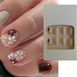 S.A.V.I 24 Pcs Short Natural Shape Press-On Fake Nails - Maroon & White Floral Design | Reusable False Nails Set for Women & Girls | Glossy Finish, Easy to Apply, Comfortable Fit | DIY Nail Art Kit-38
