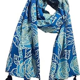 Floral Cotton Scarf with Tassels, Blue and Cream Rose Print, Navy Tassel Trim-image-36