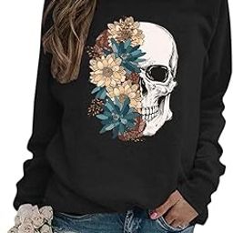 Bloom Skull Sweatshirt for Women Boho Floral Skull Graphic Tshirt Fall Long Sleeve Crewneck Pullover Tops-image-75
